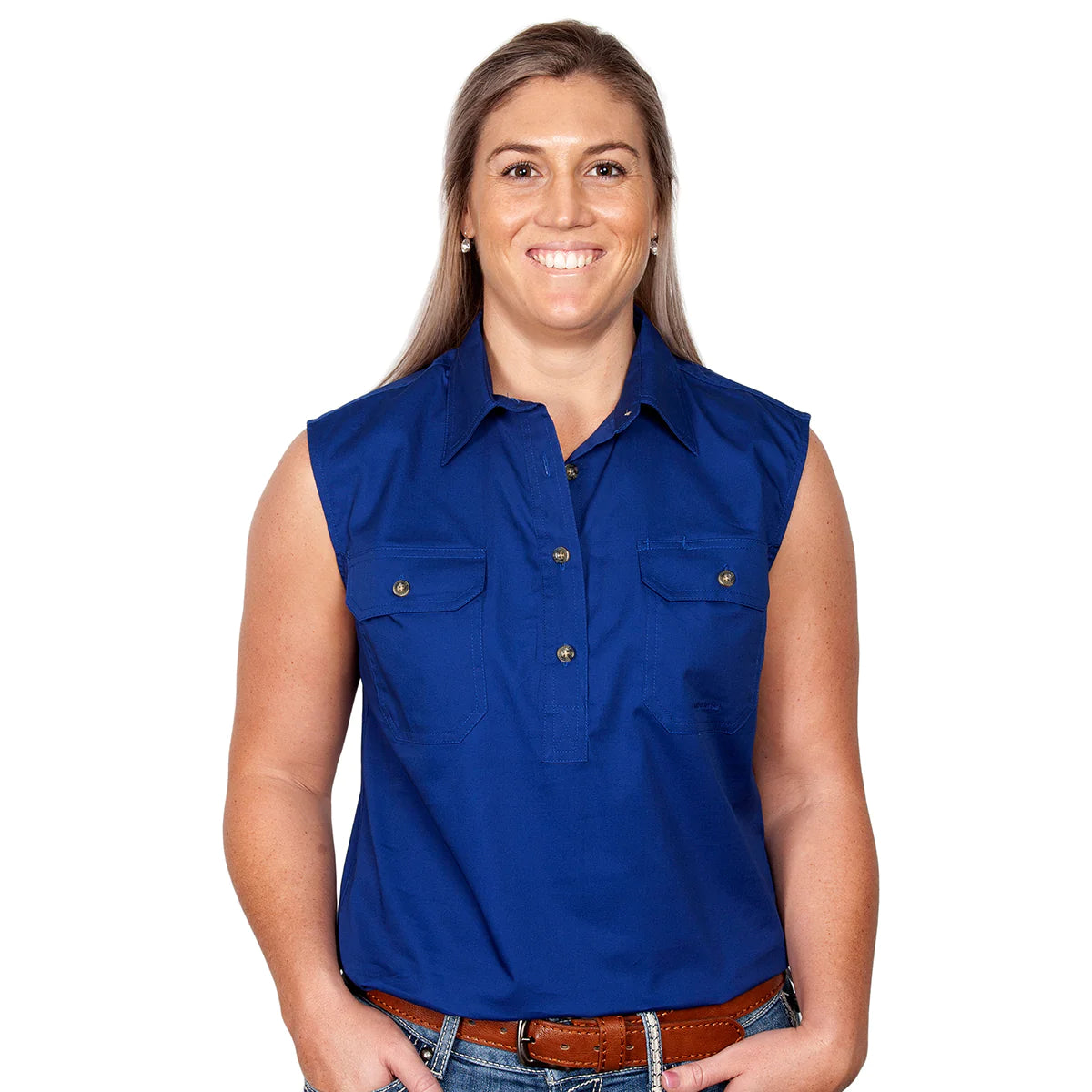 Just Country - Women's Kerry Half Placket Sleeveless Shirt in Cobalt Print Jacquard Patchwork Just Country - Women's Kerry Half Placket Sleeveless Shirt in Cobalt Print Jacquard Patchwork