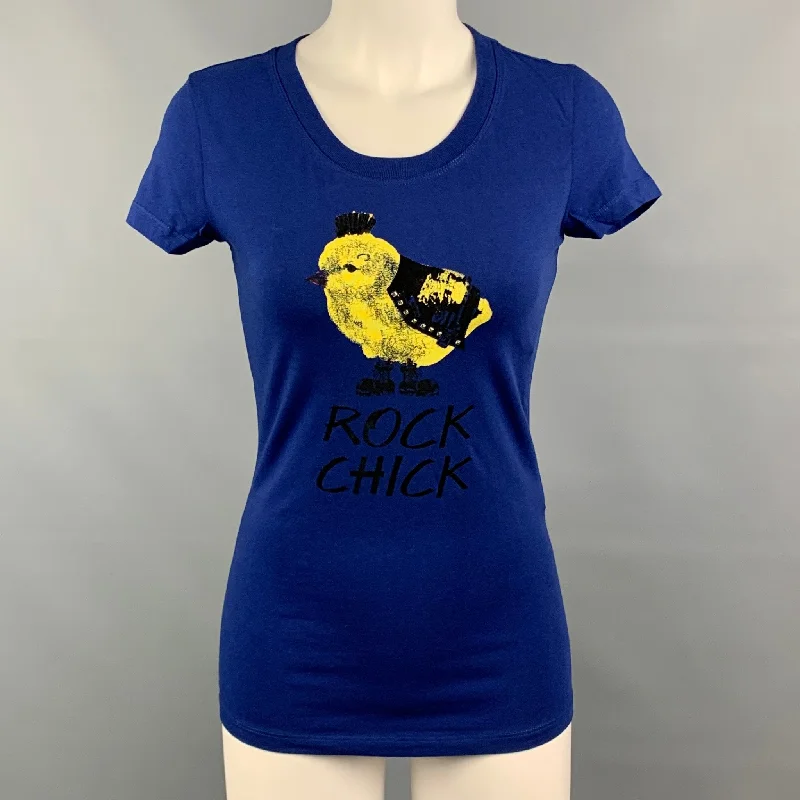 LOVE MOSCHINO Size 4 Navy & Yellow Rock Chick Graphic Print Cotton T-Shirt Knit Fabric Woven Fabric Fleece Fabric LOVE MOSCHINO Size 4 Navy & Yellow Rock Chick Graphic Print Cotton T-Shirt Knit Fabric Woven Fabric Fleece Fabric