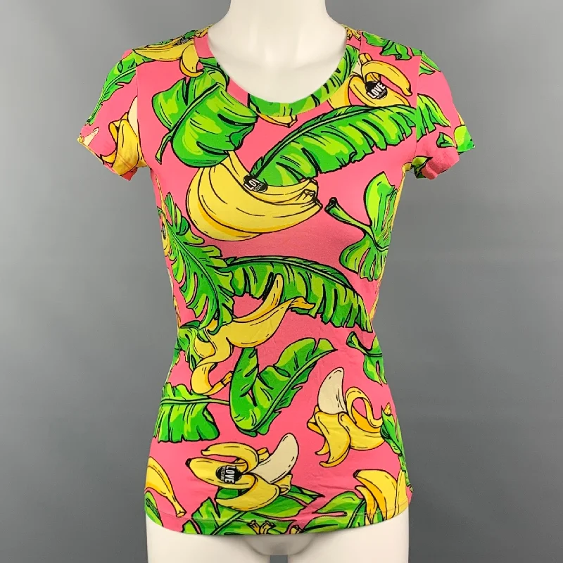 LOVE MOSCHINO Size 4 Pink & Green Banana Leaf Cotton T-Shirt Basic T-Shirt Crew Neck Short Sleeve LOVE MOSCHINO Size 4 Pink & Green Banana Leaf Cotton T-Shirt Basic T-Shirt Crew Neck Short Sleeve