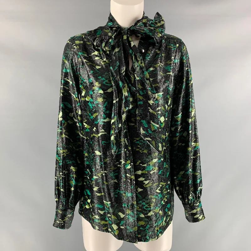 MARC JACOBS Size 4 Black & Green Silk & Nylon Camouflage Bow Shirt Embroidered Appliqued Beaded MARC JACOBS Size 4 Black & Green Silk & Nylon Camouflage Bow Shirt Embroidered Appliqued Beaded