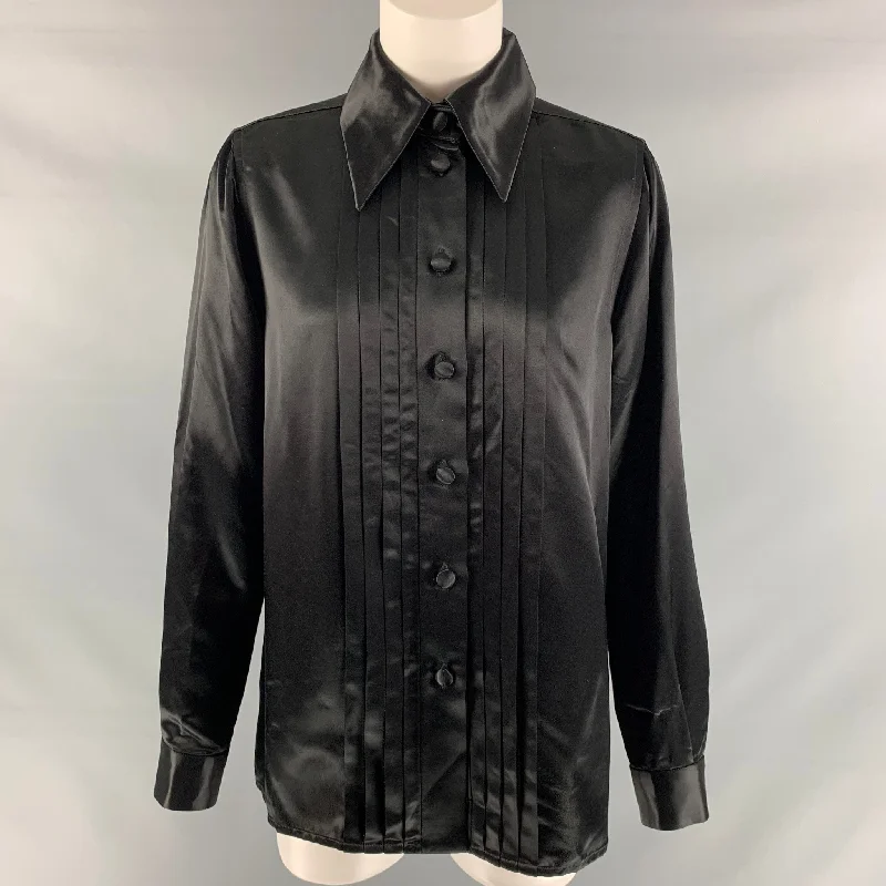 MARC JACOBS Runway Spring 2019 Size 6 Black Viscose Pleated Button Up Shirt Graphic Embroidered Appliqued MARC JACOBS Runway Spring 2019 Size 6 Black Viscose Pleated Button Up Shirt Graphic Embroidered Appliqued