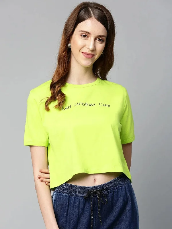Neon Green Just-Another-Day Crop T-Shirt Zippered Buttoned Snapped