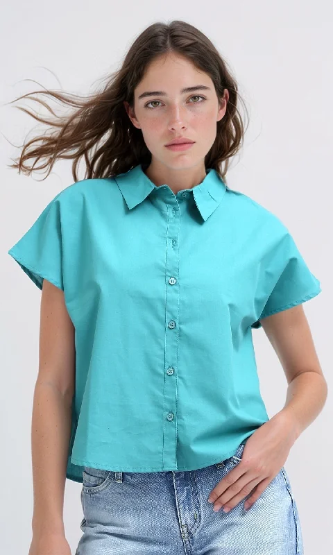 O179203 Short Sleeves Solid Shirt With Classic Collar - Terquoise Houndstooth Herringbone Solid O179203 Short Sleeves Solid Shirt With Classic Collar - Terquoise Houndstooth Herringbone Solid