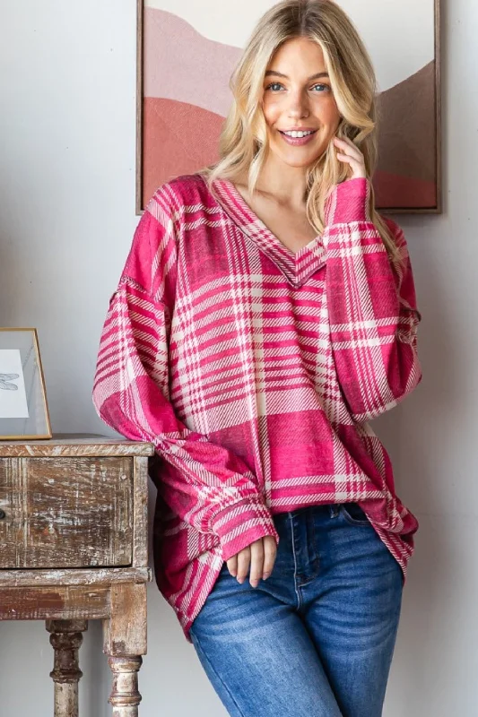 Plaid Drop Shoulder V-Neck T-Shirt Rayon Velvet Corduroy