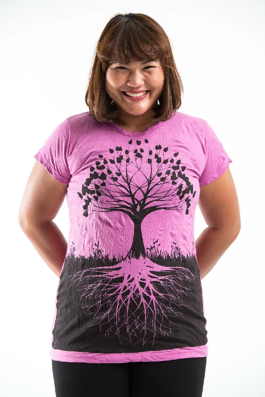 Plus Size Sure Design Women's Tree of Life T-Shirt Pink Boxy Fit Fitted Loose