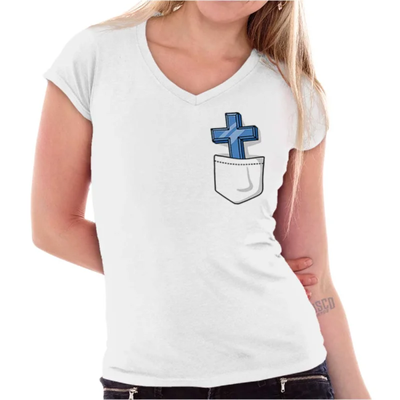 Pocket Cross Junior Fit V-Neck T Shirt Real Fur Shearling Chenille