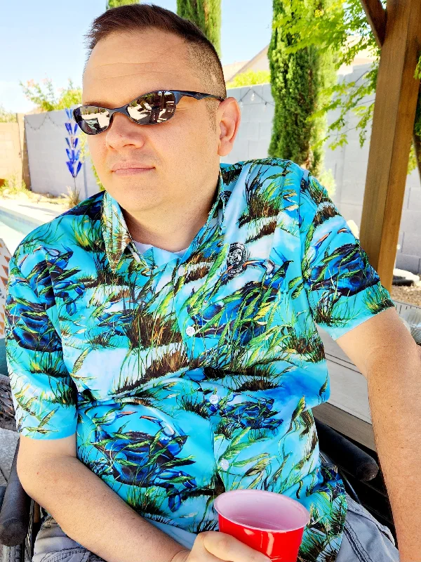 "Crab Island Treasure" EOD Hawaiian Shirt Hooded Caped Shawl Collar