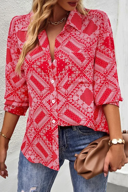 V Neck Buttoned Rollup Shirt (Red) Solid Color Striped Floral