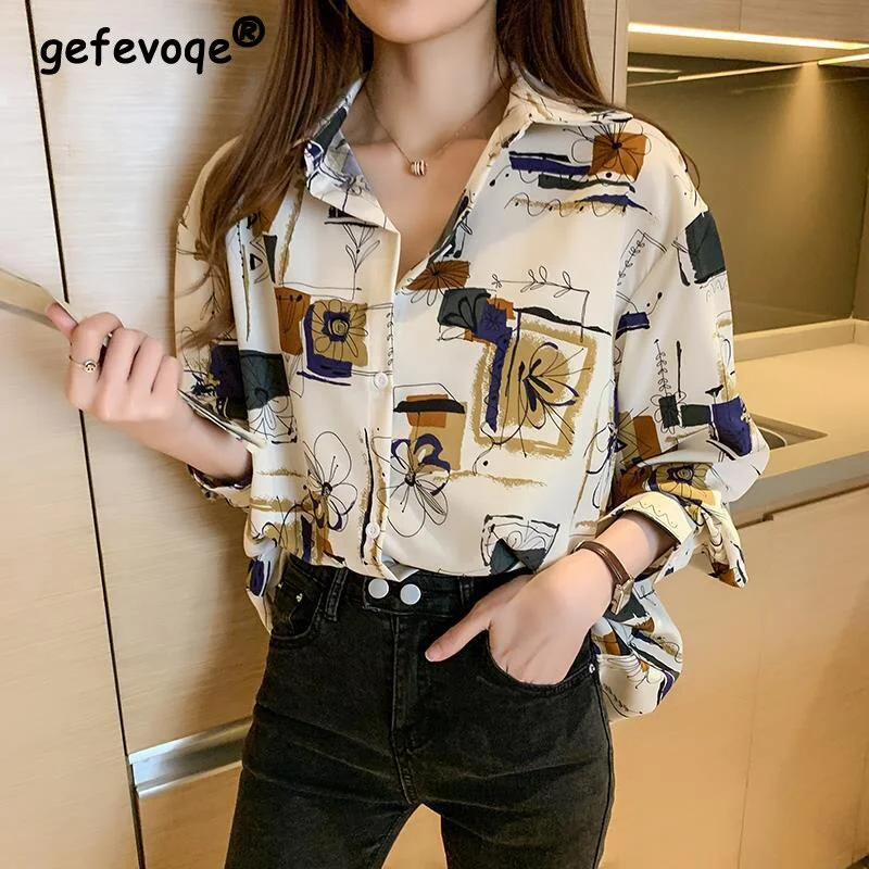 Print Buttons Long Sleeve Chiffon Shirt Collared T-Shirt Boat Neck A-Line