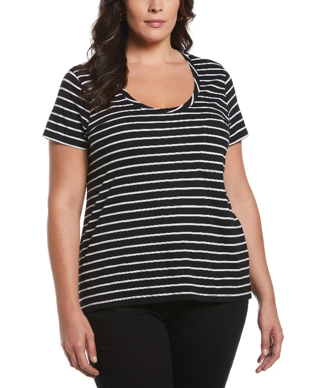 Plus Size Stripe Slub Tee Hooded Caped Shawl Collar