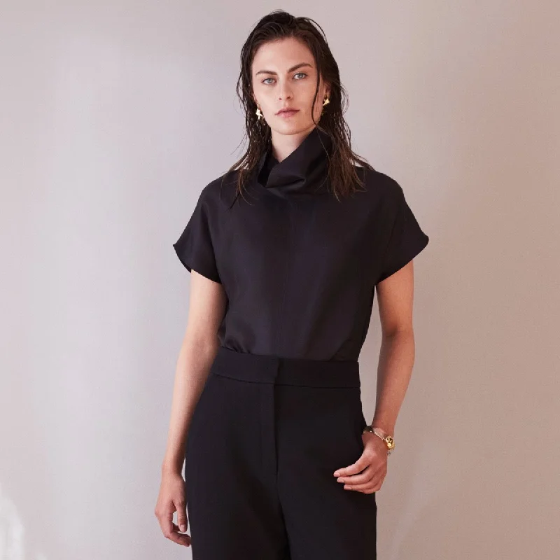 Silk Tee With Cowl Neck Black Boxy Fit Fitted Loose