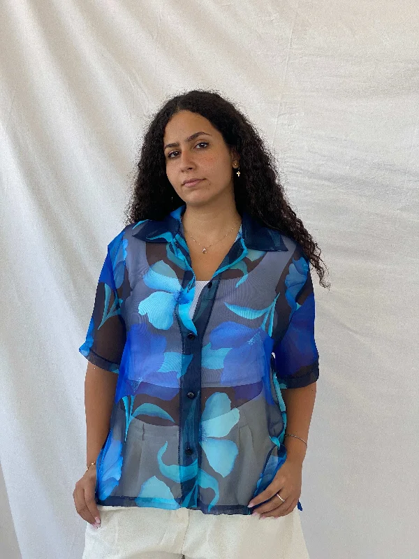 Vintage Blue Floral Sheer Chiffon Half-Sleeve Shirt - XL Satin Fabric Silk Fabric Chiffon Fabric Vintage Blue Floral Sheer Chiffon Half-Sleeve Shirt - XL Satin Fabric Silk Fabric Chiffon Fabric