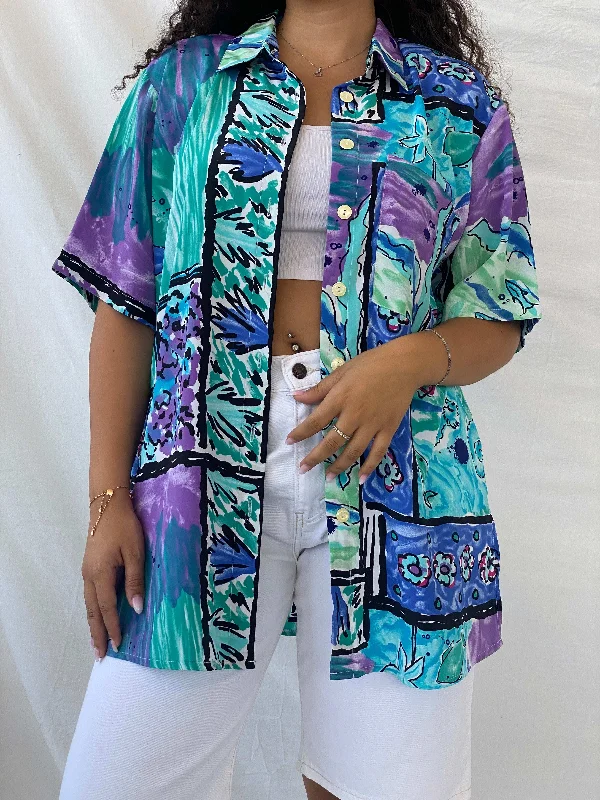 Statement Vintage Handmade Blue and Purple Floral Oversized Shirt - XL Mesh Fabric Canvas Fabric Denim Fabric Statement Vintage Handmade Blue and Purple Floral Oversized Shirt - XL Mesh Fabric Canvas Fabric Denim Fabric