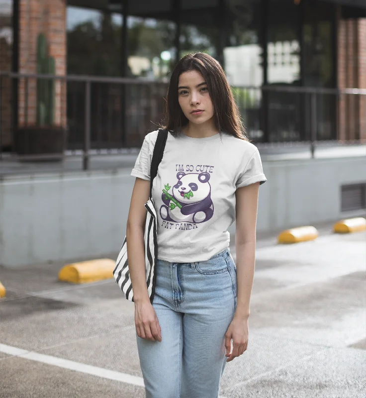 Women Round Neck Grey T Shirt Cute Fat Panda Polka Dot Checkered Tartan