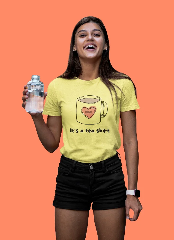 Women Round Neck Yellow T Shirt For Tea Lovers Basic T-Shirt Crew Neck Short Sleeve