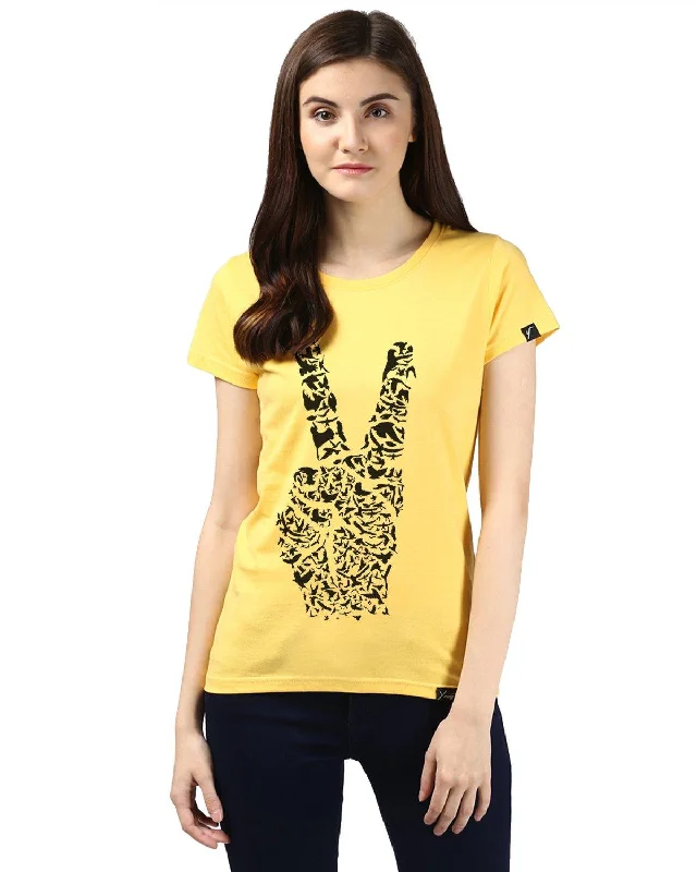 Womens Half Sleeve Peace Printed Yellow Color Tshirts Solid Print Embellished