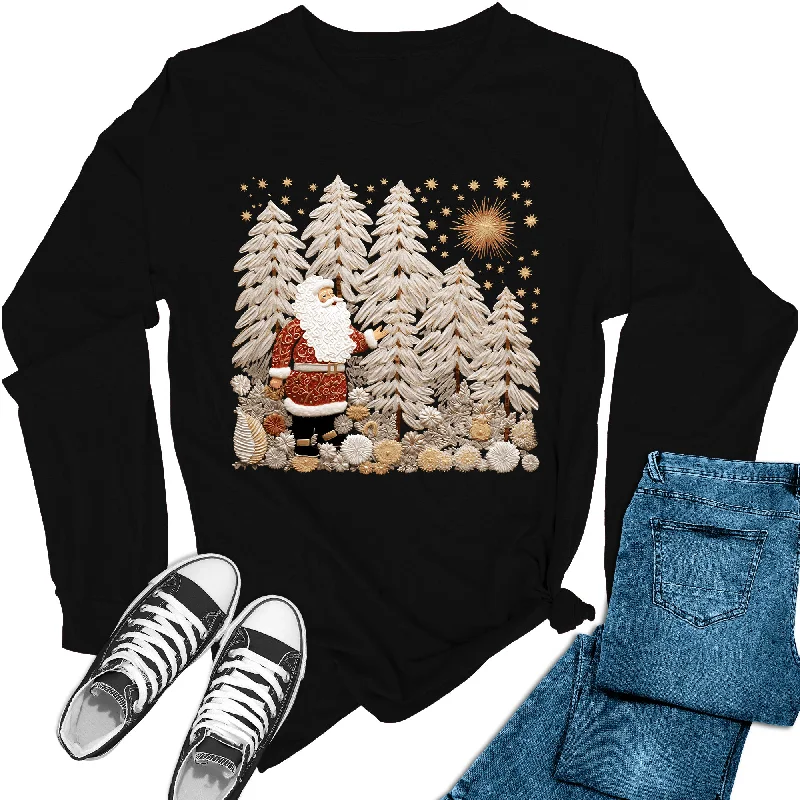 Women's Santa Scene Christmas Holiday Long Sleeve Graphic Tees Welt Pockets Slit Pockets