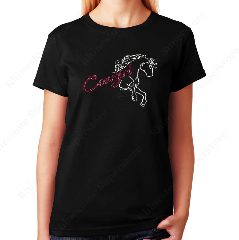 Women's / Unisex T-Shirt with Pink Cowgirl with Horse in Rhinestones Collared Crew Neck Turtle Neck