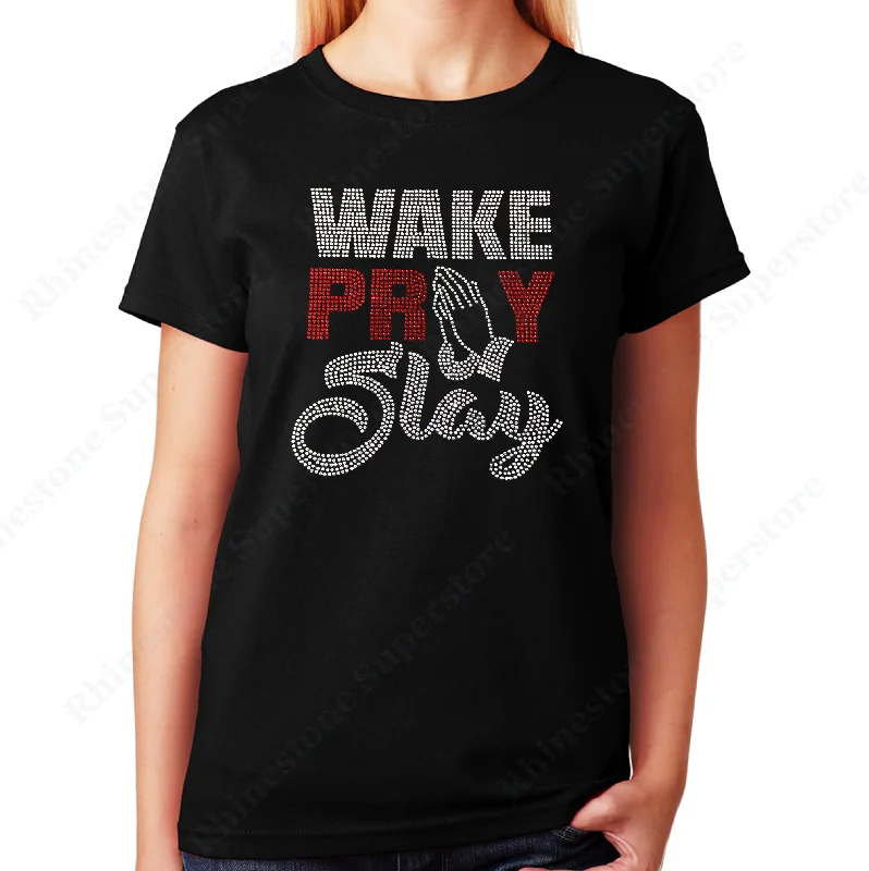 Women's / Unisex T-Shirt with Wake Pray Slay in Rhinestones Real Fur Shearling Chenille Women's / Unisex T-Shirt with Wake Pray Slay in Rhinestones Real Fur Shearling Chenille