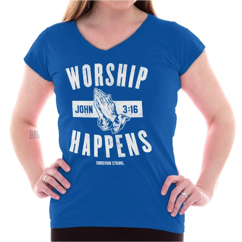 Worship Happens Junior Fit V-Neck T Shirt Elasticated Padded Insulated