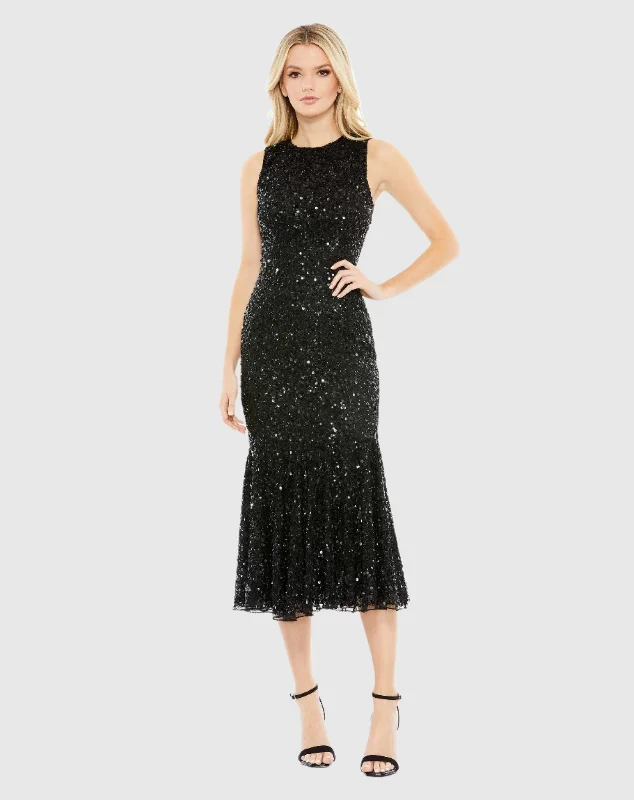 Sequined High Neck Sleeveless Flared Dress Tunics Hiking breathable