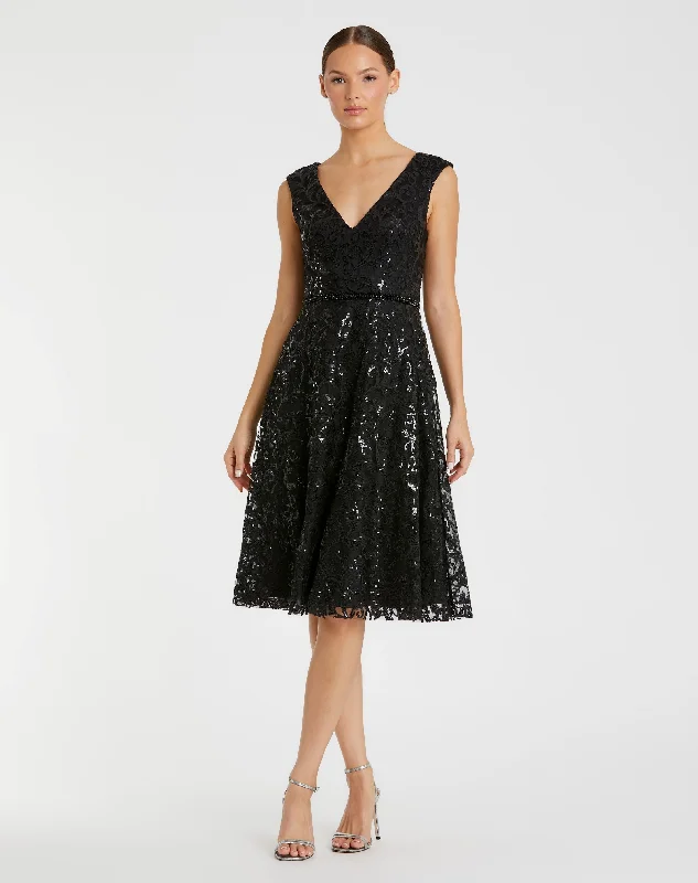Sequined V Neck Cap Sleeve Dress Tunics Formal black