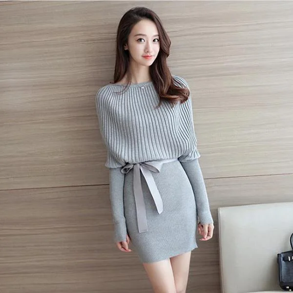 Autumn and Winter Bag Hip Mid-length Dress Long-sleeved Knitted Bottoming Skirt Fashionable Sexy Coat Halter Neckline Beach