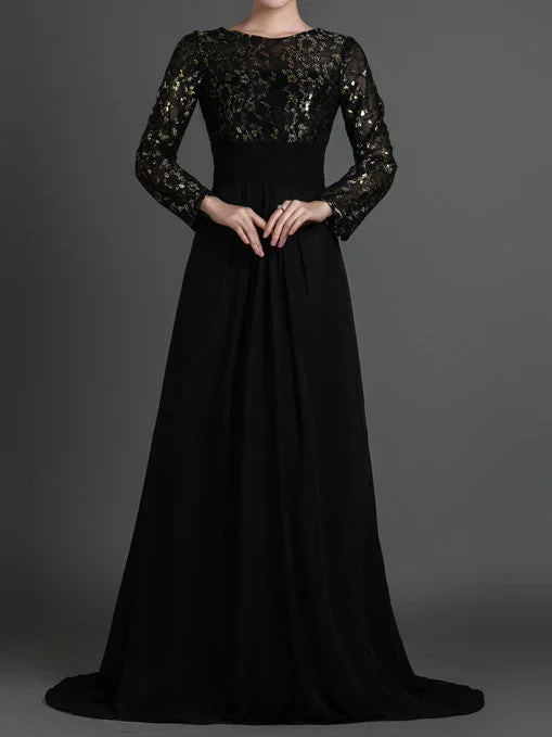 Black Modest Long Sleeves Formal Prom Evening Dress Tunics Sophisticated sleek