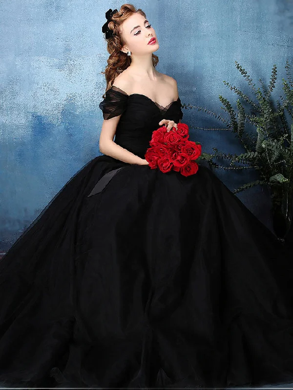 Black Off Shoulder Tulle Ball Gown Formal Dress | X1603 Tunics Satin smooth