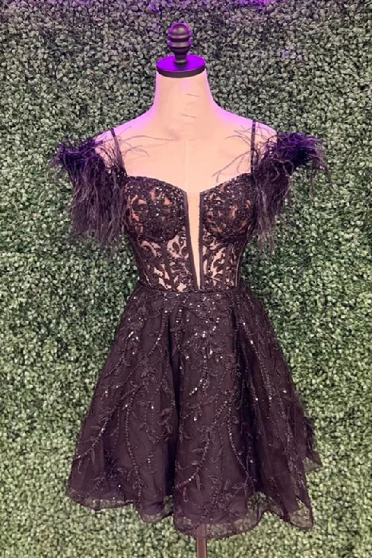 Black Off-the-Shoulder Appliques A-line Homecoming Dress with Feathers Tunics Mesh breathable