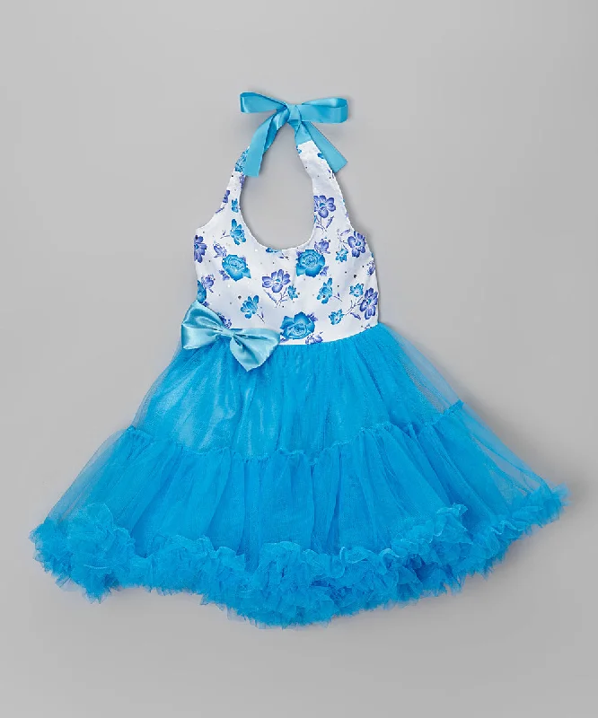 Blue Floral Halter Dress Tunics Vintage classic