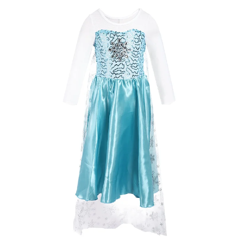Blue/White Elsa Dress With Silver Snowflake Cape Tunics Bridal satin
