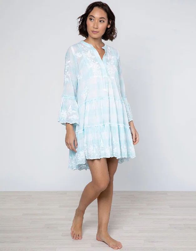 Butterfly Gingham Flared Sleeve Dress - Blue Tunics Silk luxurious