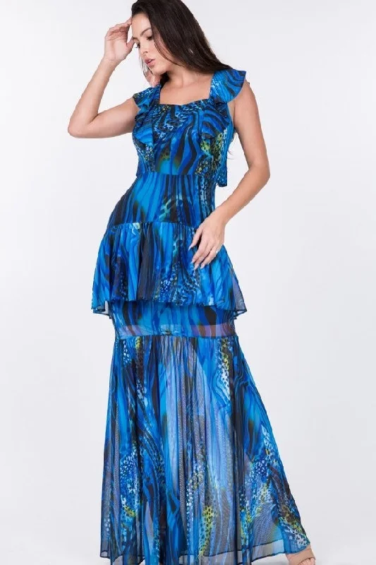 Ruffle Sleeve Tiered Bottom Print Long Dress Tunics Denim casual