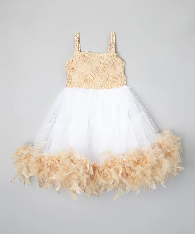 Cream/White Feather Dress Off-the-shoulder Chic Trendy