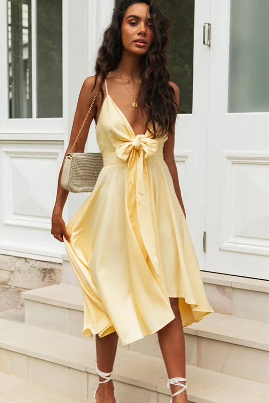 Deep V-Neck Tea-Length Yellow Sundress with Bow Cowl Neckline Elegant