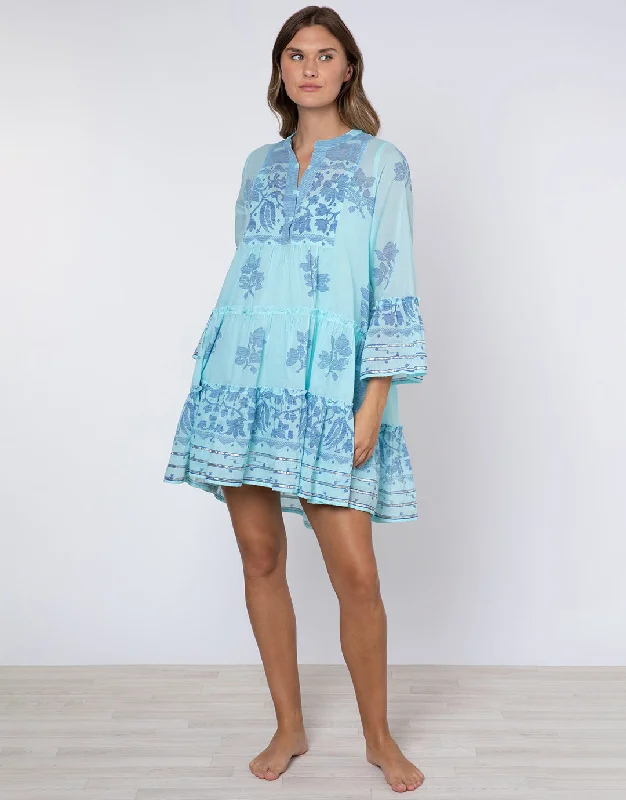 Dhaka Print Flared Sleeve Dress - Blue and Royal Blue sweetheart Neckline Romantic