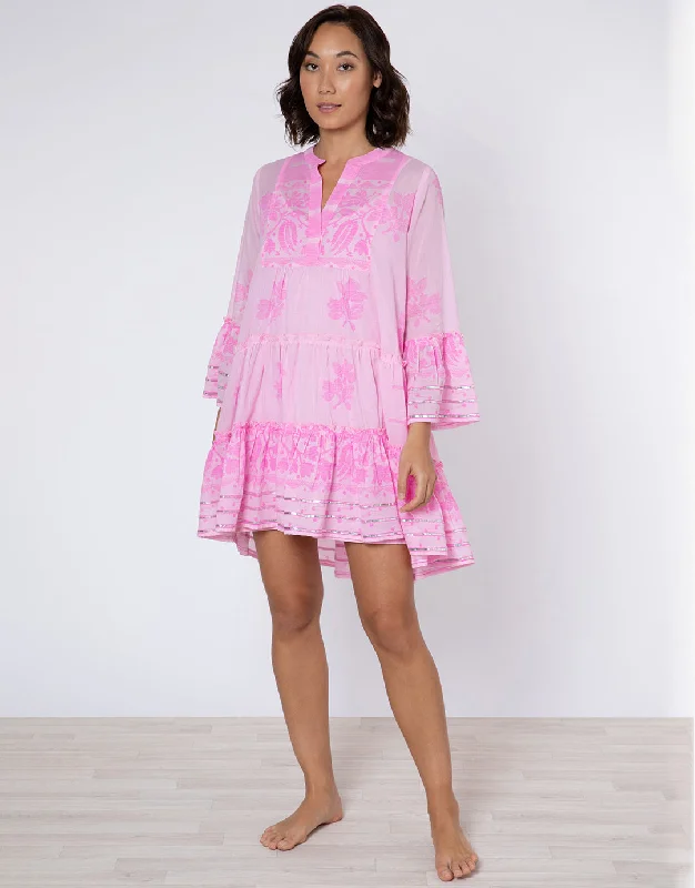 Dhaka Print Flared Sleeve Dress - Pink and Neon Pink Tunics Trendy modern