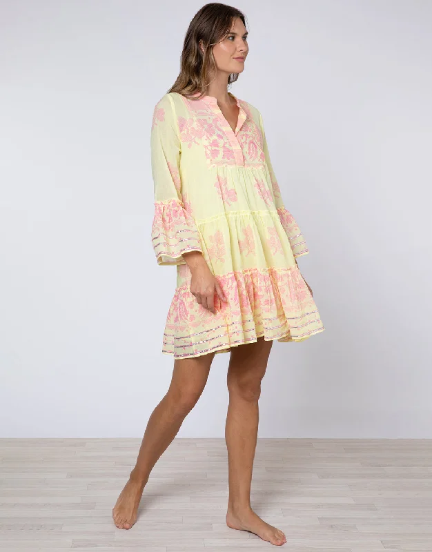 Dhaka Print Flared Sleeve Dress - Yellow and Fuchsia Tunics Fashionable chic