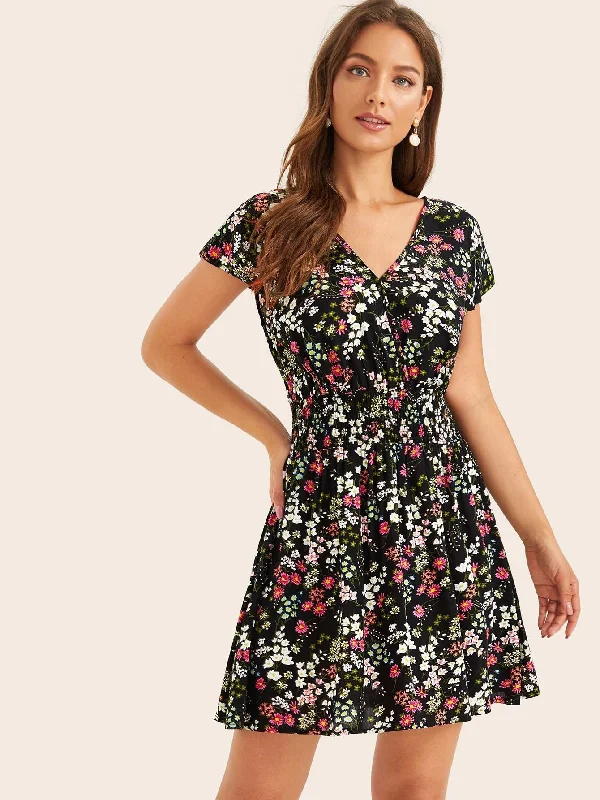 Ditsy Floral Shirred Waist V-neck Dress Tunics Evening elegant