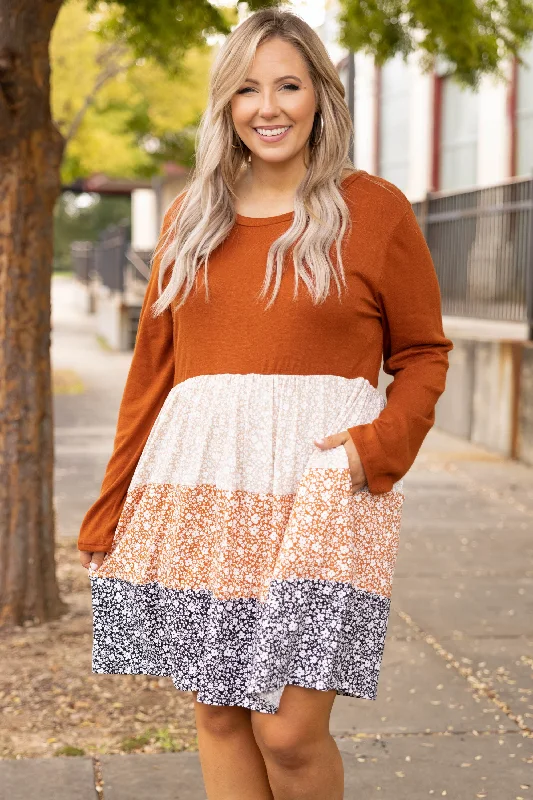 Don't Hold Me Back Dress, Rust/ Taupe Tunics Trendy modern