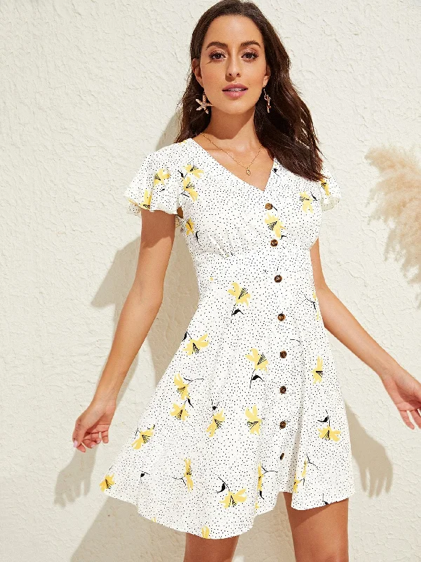 Dot & Flower Print Flutter Sleeve Tea Dress Bodycon Club Sequined