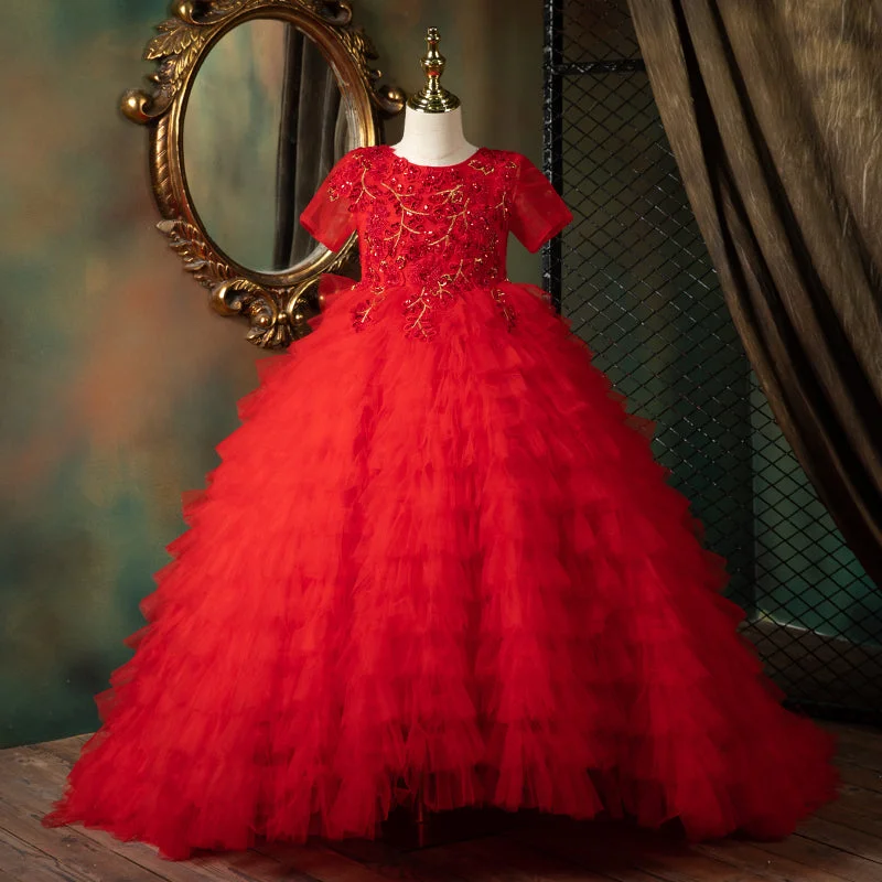 Girl Christmas Dress Toddler Communion Dress Children Red Fluffy Princess Birthday Tail Gorgeous Pageant Dress Tunics Silk luxurious Girl Christmas Dress Toddler Communion Dress Children Red Fluffy Princess Birthday Tail Gorgeous Pageant Dress Tunics Silk luxurious