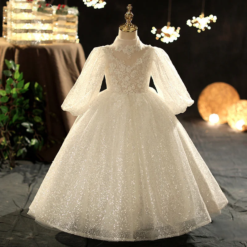 First Communion Dress Girl Long Sleeve Sequin Flower Girl Dress Pageant Princess Dress Tunics Lace romantic First Communion Dress Girl Long Sleeve Sequin Flower Girl Dress Pageant Princess Dress Tunics Lace romantic