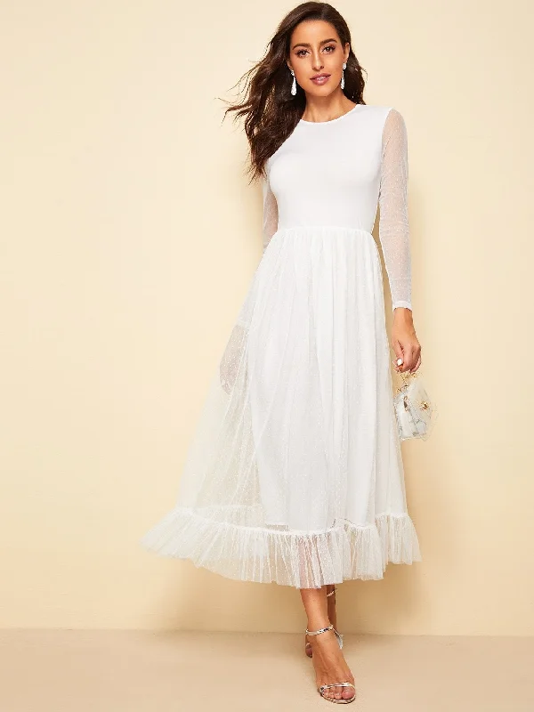 Fit and Flare Mesh Overlay Ruffle Hem Dress Tunics Designer luxury