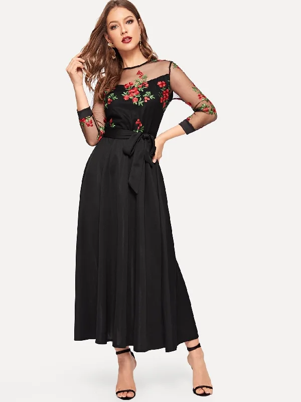 Floral Embroidered Contrast Mesh Dress Tunics Office stylish