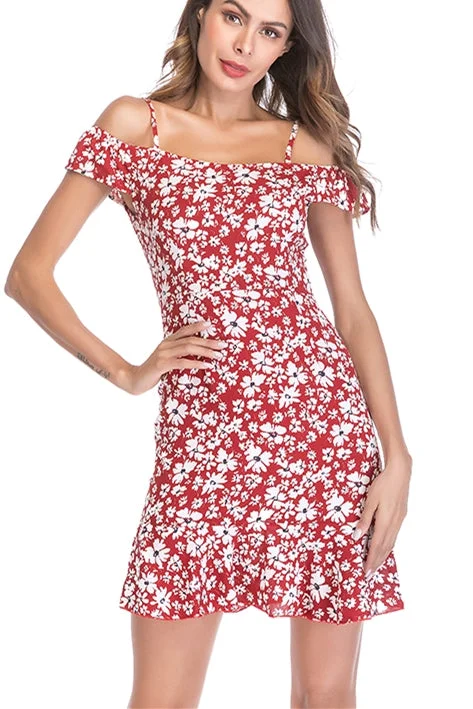 Floral Printed Red Short Sundress Tunics Business professional