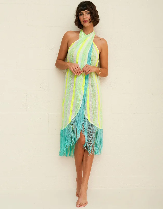 Fringed Crossover Dress - Neon Yellow A-Line Day Work