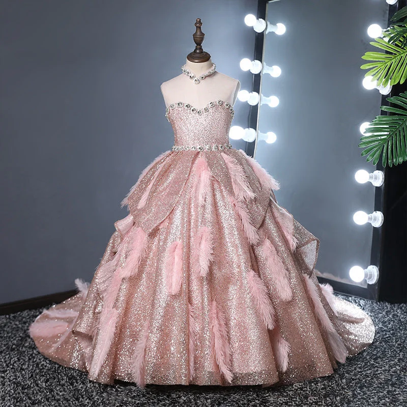 Flower Girl Dress Children Princess Party Dress Pink Feather Birthday Tail Pageant Dress Tunics Leisure comfortable