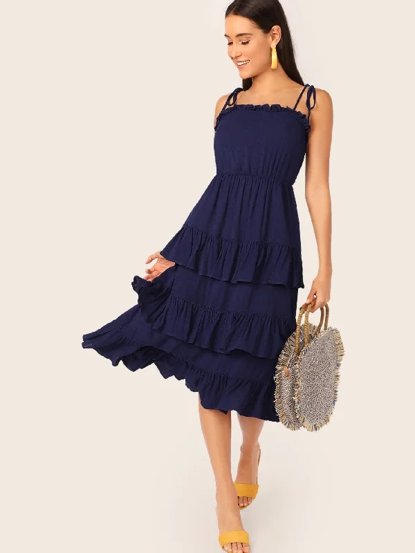 Knot Strap Frill Trim Layered Dress Tunics Chic fashionable